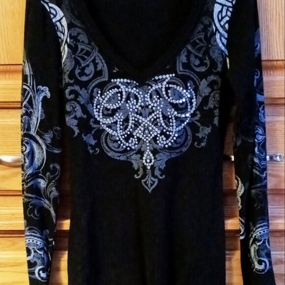 Vintage Y2K Maurices Graphic Flourish Rhinestone Black Long Sleeve Tee Women's L - Picture 3 of 16